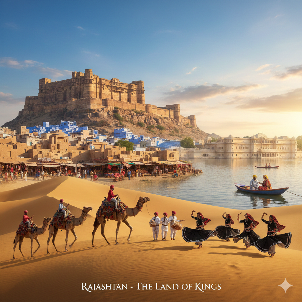 A panoramic image of Rajasthan featuring a golden desert dune in the foreground, with traditional folk dancers, musicians, and people riding camels. In the background, a historic hill fort overlooks a blue-painted town and a serene lake with a large white palace